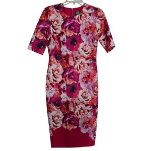 Vince Camuto Vibrant Floral Roses Hot Pink Orange Short Sleeve Dress